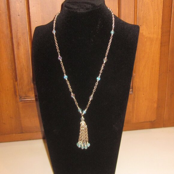 Oksana Jewelry - Silver Tone Tassel Necklace with Blue & AB